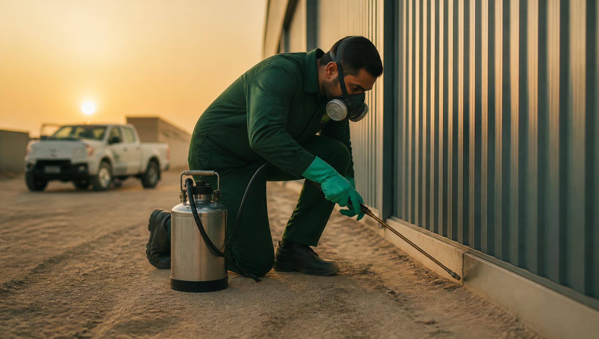 Pest control technician treating the perimeter of an industrial warehouse at sunset