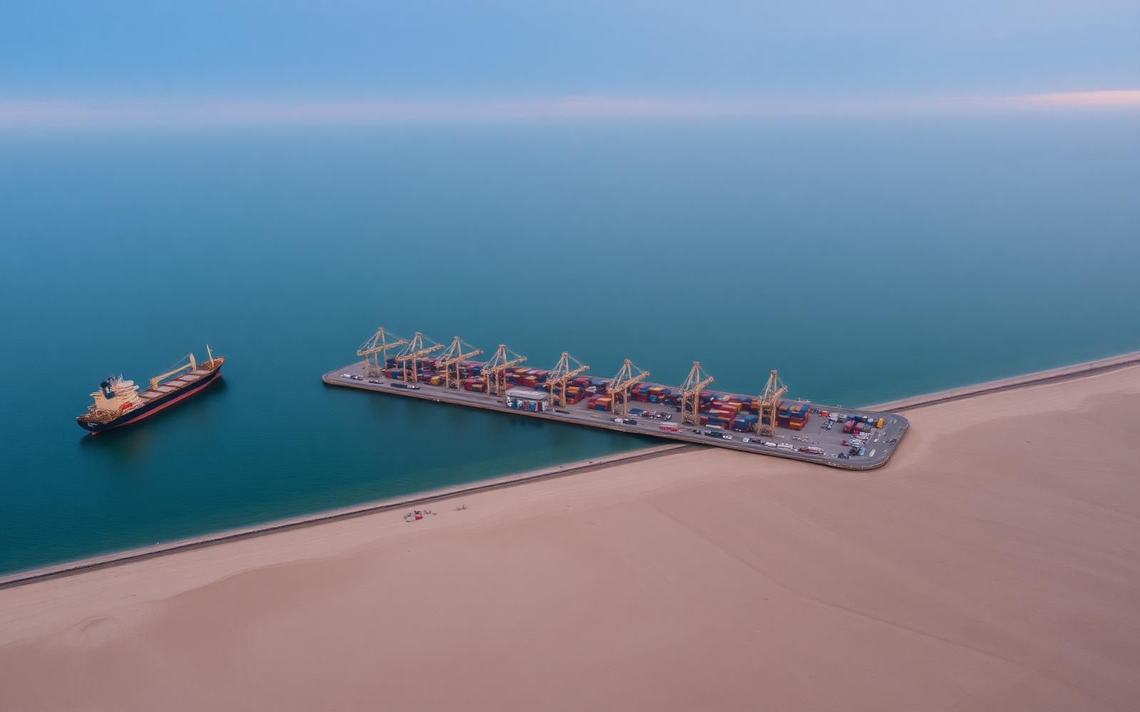 Aerial view of a Gulf container port at dusk