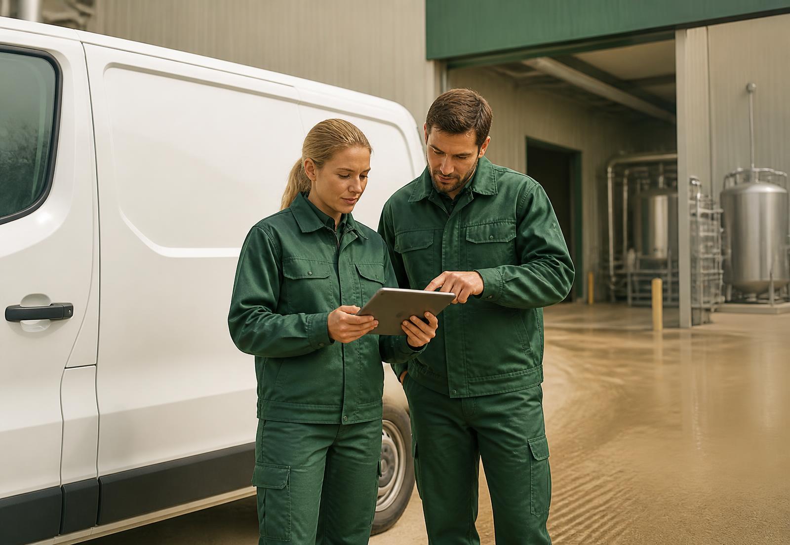 Two technicians in green uniforms reviewing a service report on a tablet beside a service van
